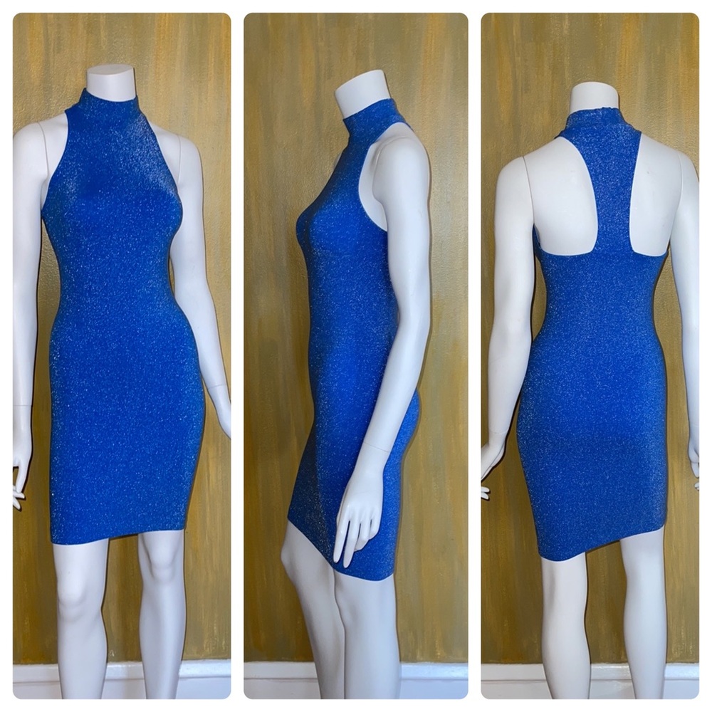 NWOT Bebe Blue Shimmer Racerback Sleeveless Bodycon Dress S